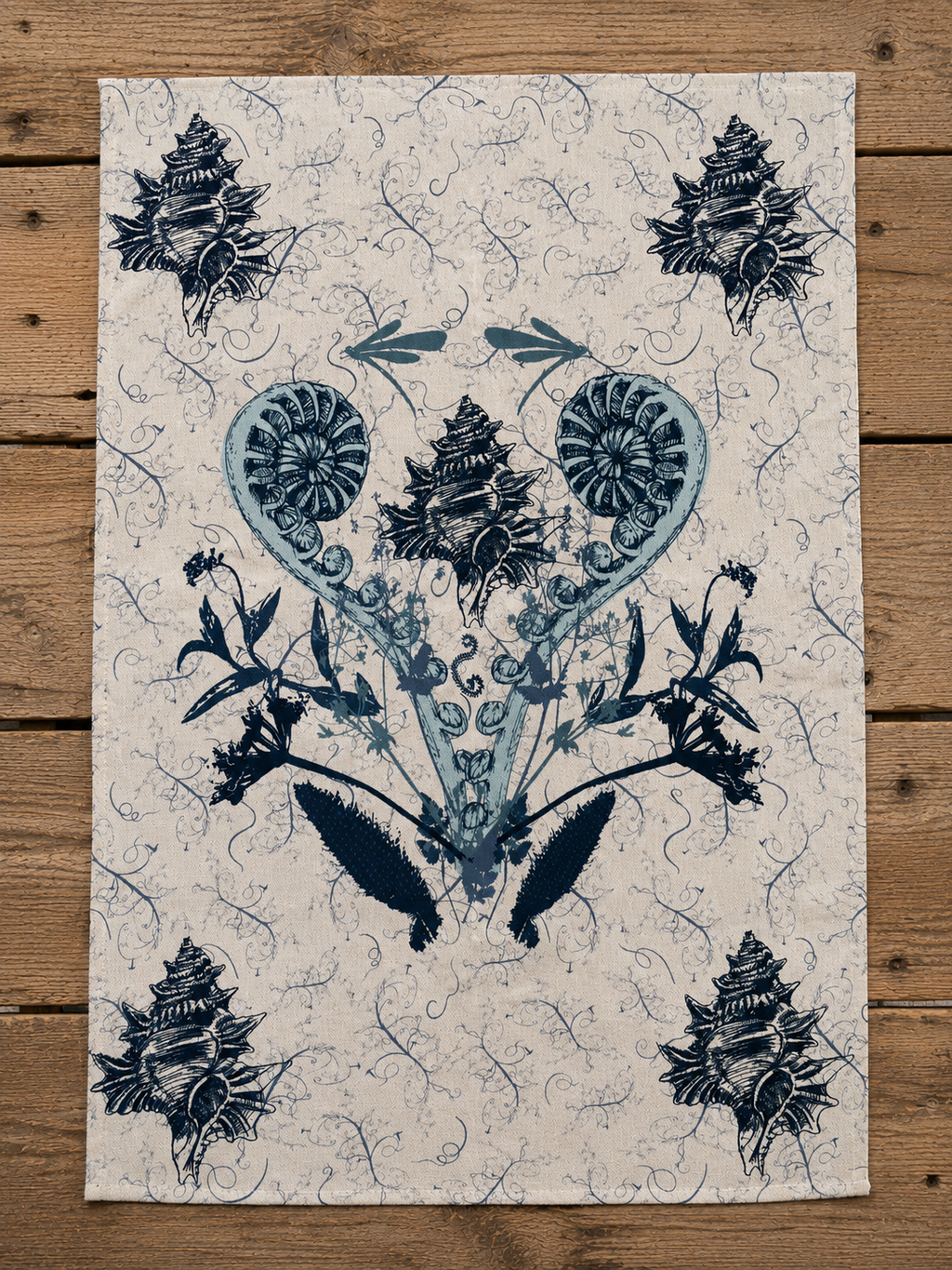 Coastal Specimen Tea Towel – Shell & Fern Illustration | Natural History Kitchen Textile | Victorian Science Inspired