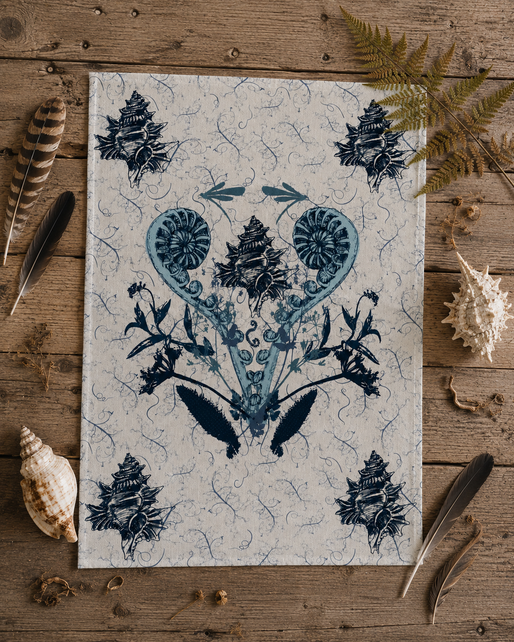 Coastal Specimen Tea Towel – Shell & Fern Illustration | Natural History Kitchen Textile | Victorian Science Inspired