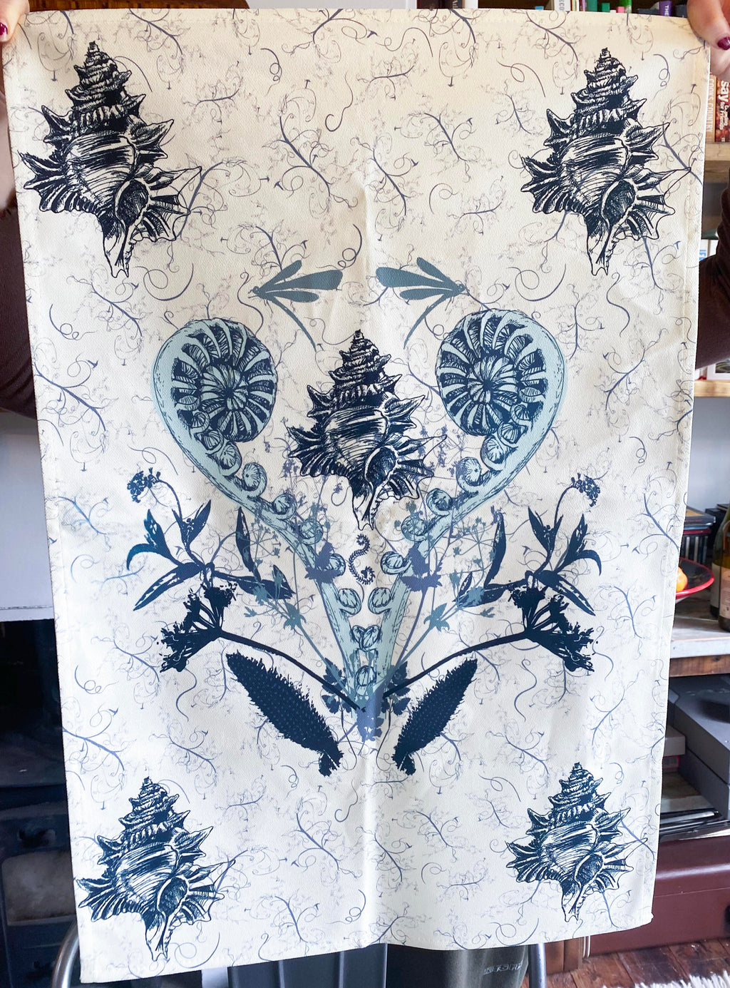 Coastal Specimen Tea Towel – Shell & Fern Illustration | Natural History Kitchen Textile | Victorian Science Inspired
