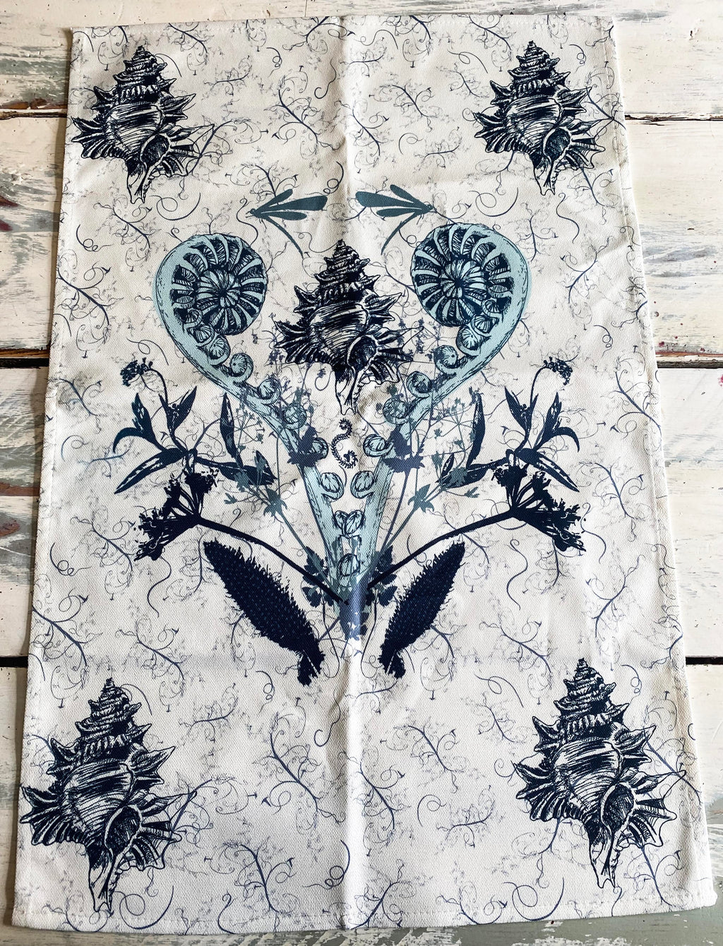 Coastal Specimen Tea Towel – Shell & Fern Illustration | Natural History Kitchen Textile | Victorian Science Inspired