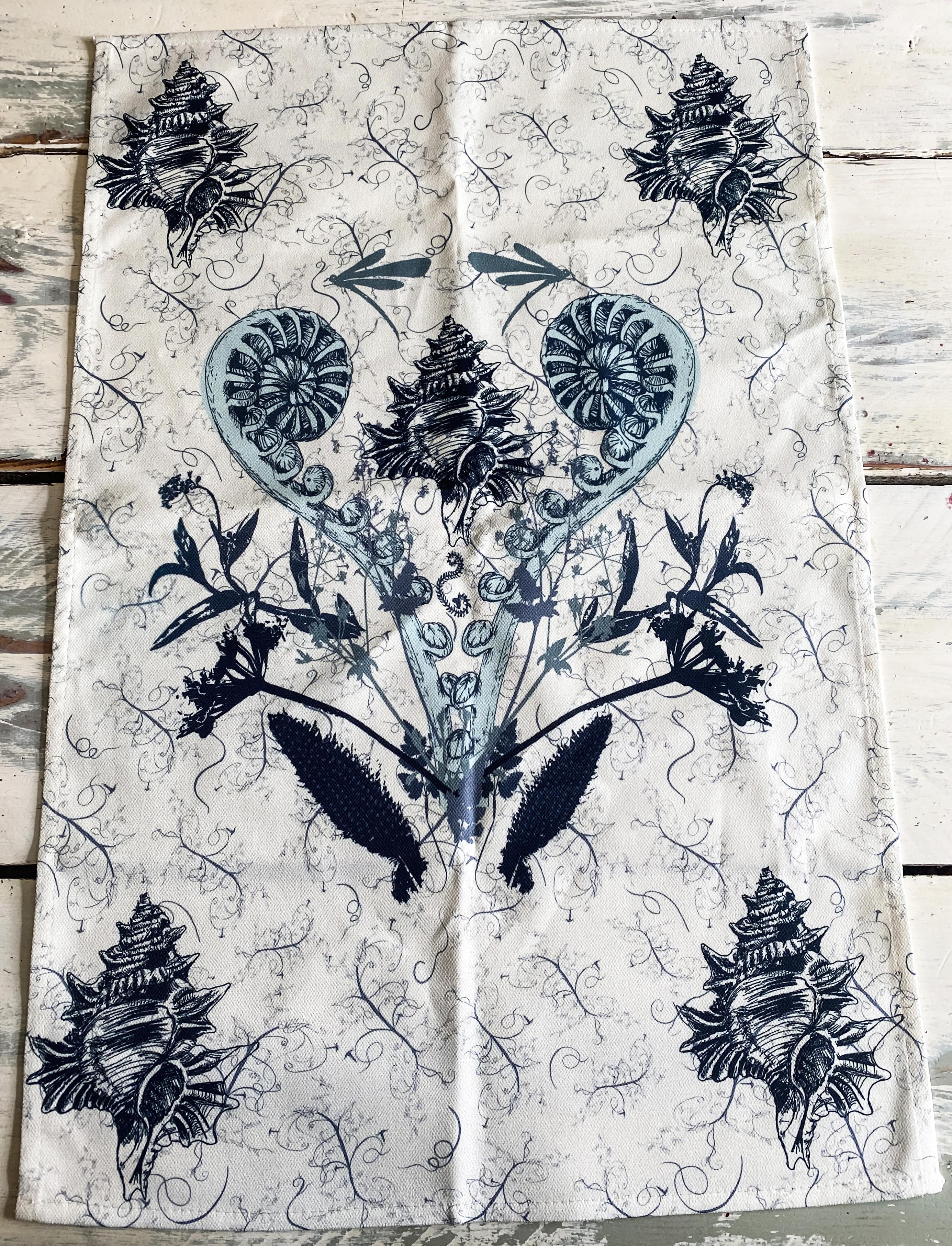 Coastal Specimen Tea Towel – Shell & Fern Illustration | Natural History Kitchen Textile | Victorian Science Inspired