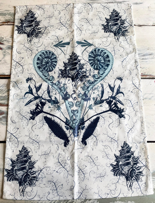 Coastal Specimen Tea Towel – Shell & Fern Illustration | Natural History Kitchen Textile | Victorian Science Inspired